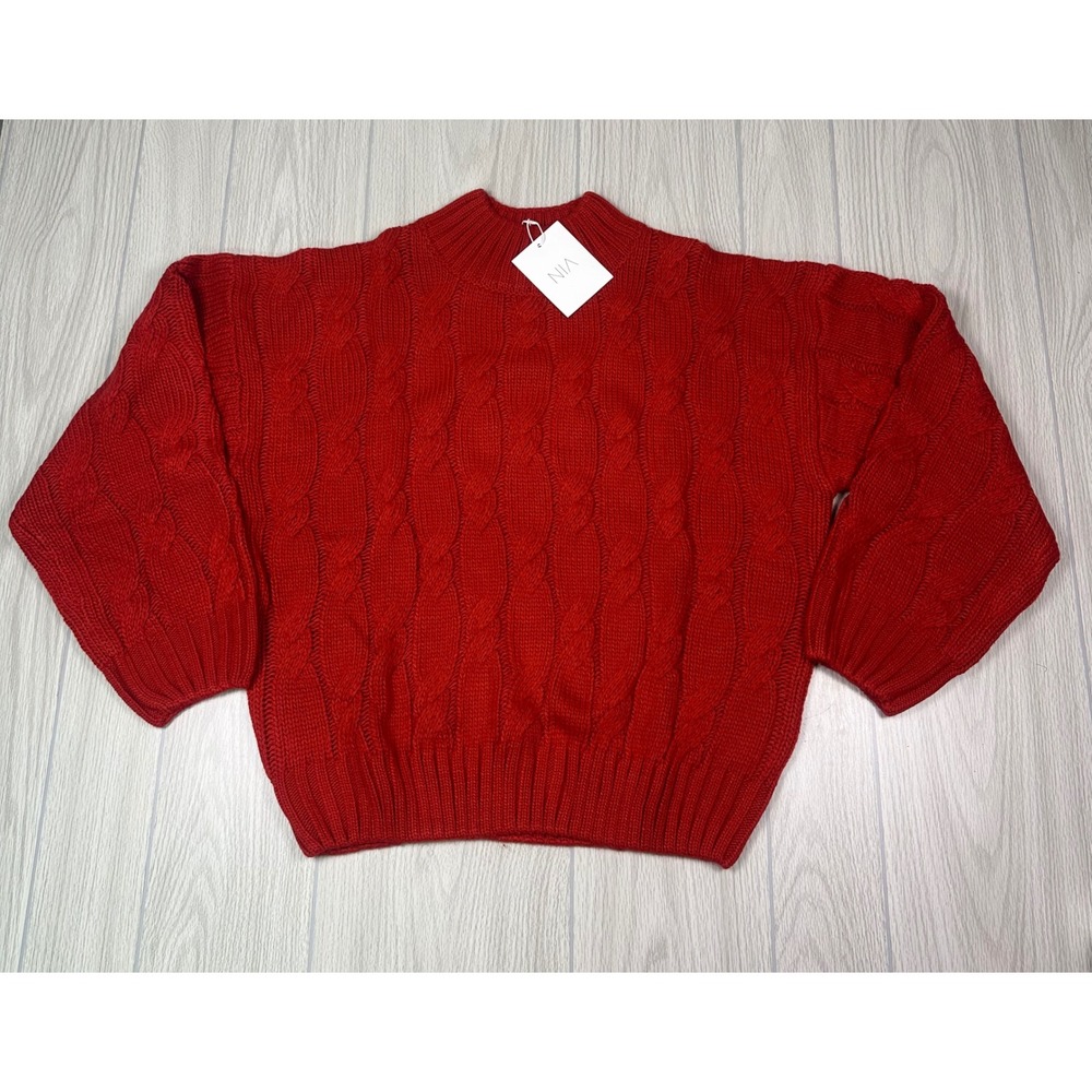 NIA Red Cable‎ Knit Mock Neck Sweater Long Sleeve Cozy Winter Warm